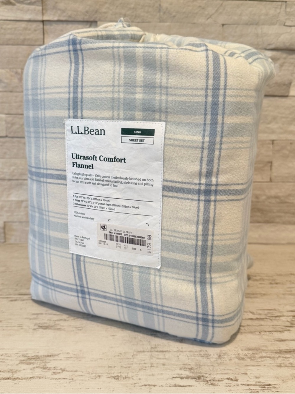 L.L. Bean King Ultrasoft Comfort Portuguese Flannel Sheet Set Bay Blue Check NWT